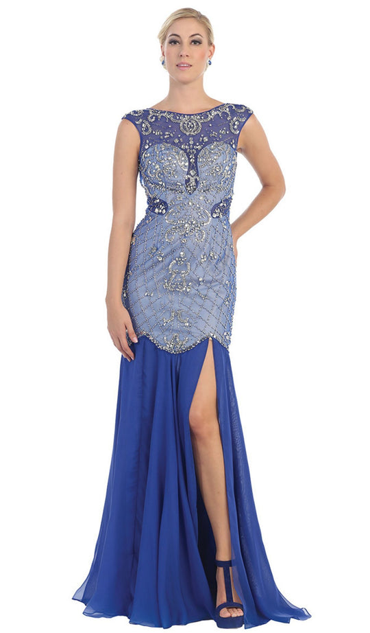 Sheer Embellished Open Back Evening Dress