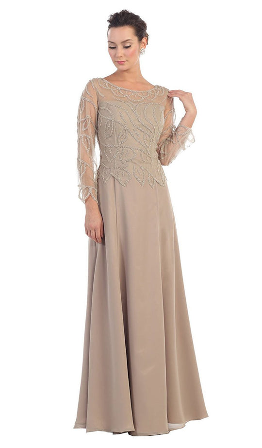 Long Sleeve Beaded Illusion Bateau Neck Evening Dress