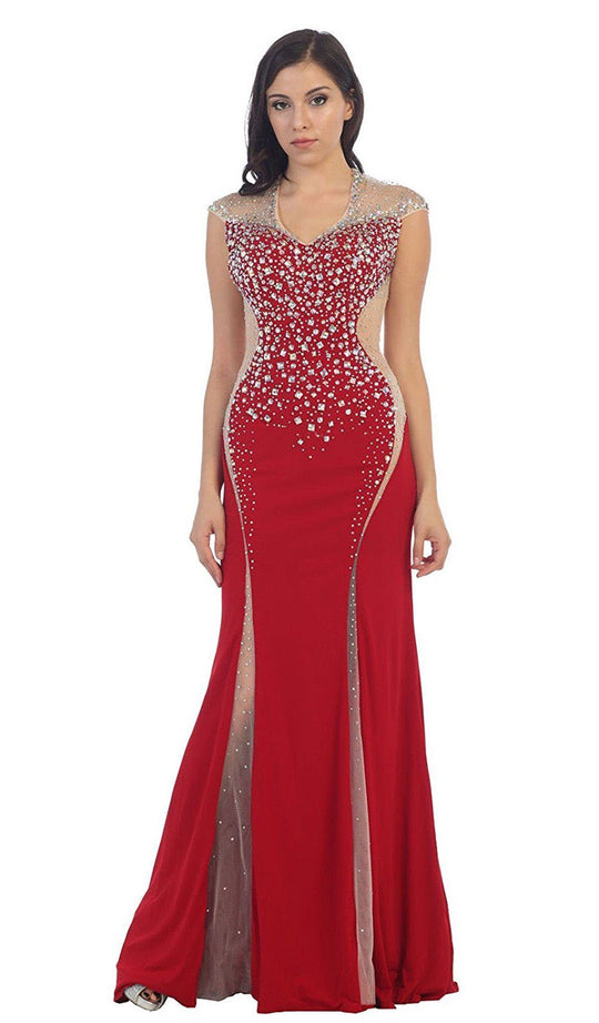 May Queen - Bejeweled V-neck Sheath Evening Dress