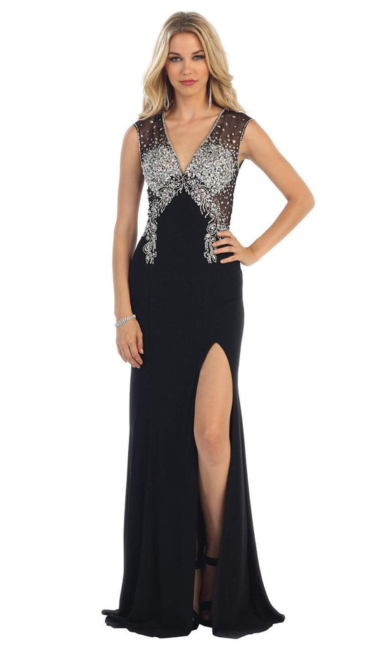 May Queen - Deep V-Neck Bejeweled Fitted Evening Gown