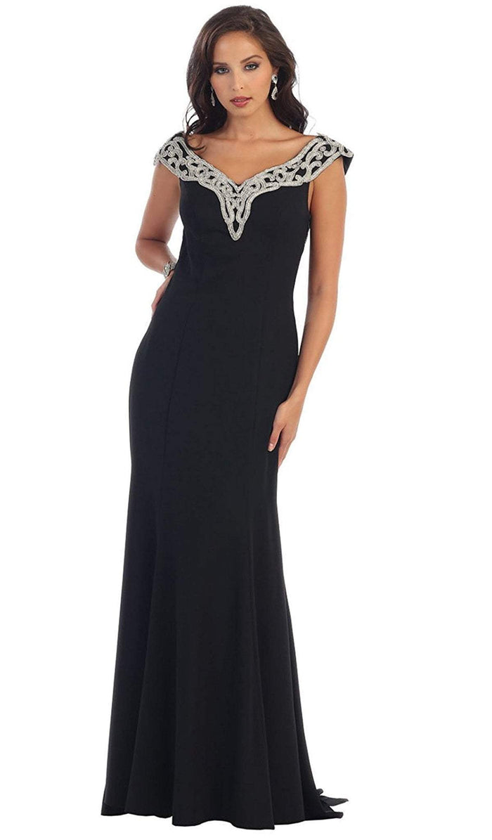 Embroidered V-Neck Column Evening Gown