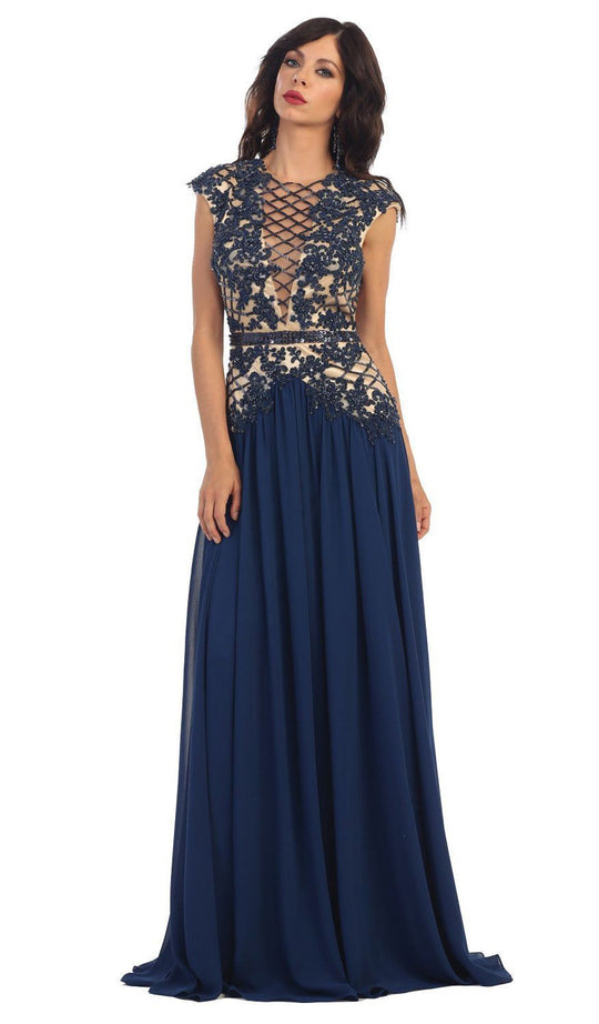 May Queen - RQ7340 Laced Deep Illusion  V-Neck A-Line Evening Dress In Blue