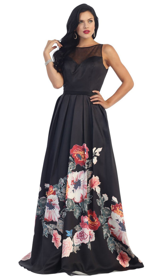 Sleeveless Floral Print Satin Evening Gown
