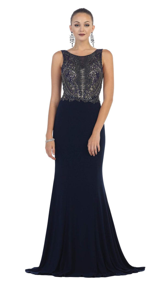 May Queen - Bateau Neck Beaded Jersey Evening Gown in Blue