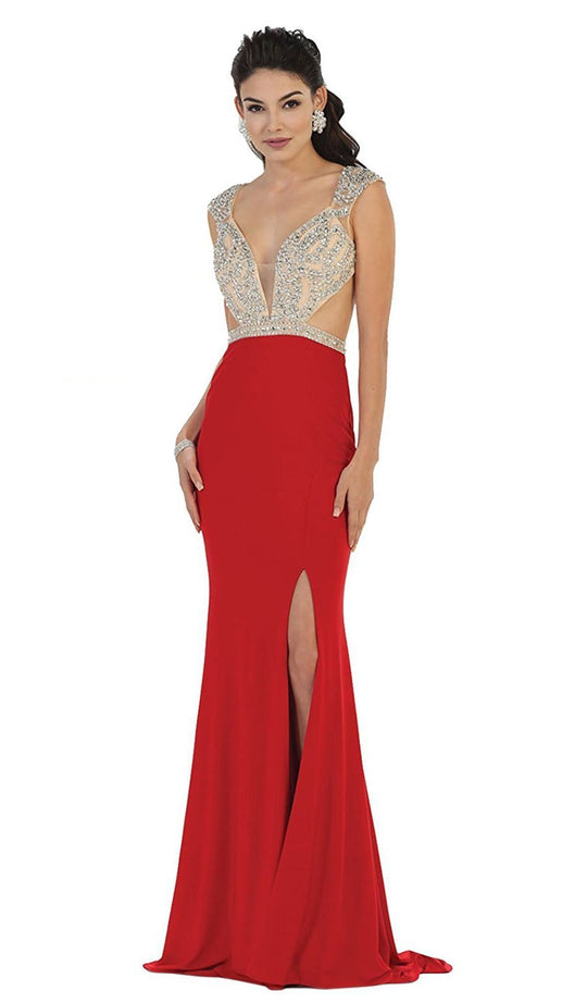 May Queen - RQ7416 Embellished V-Neck Illusion Cutout Sheath Evening Dress