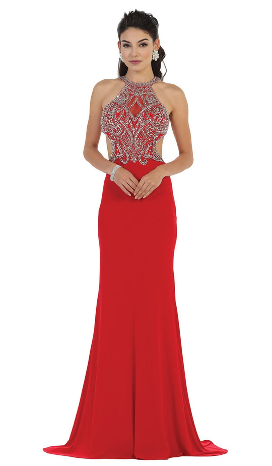 Jewel Ornate Bodice High Neck Evening Gown