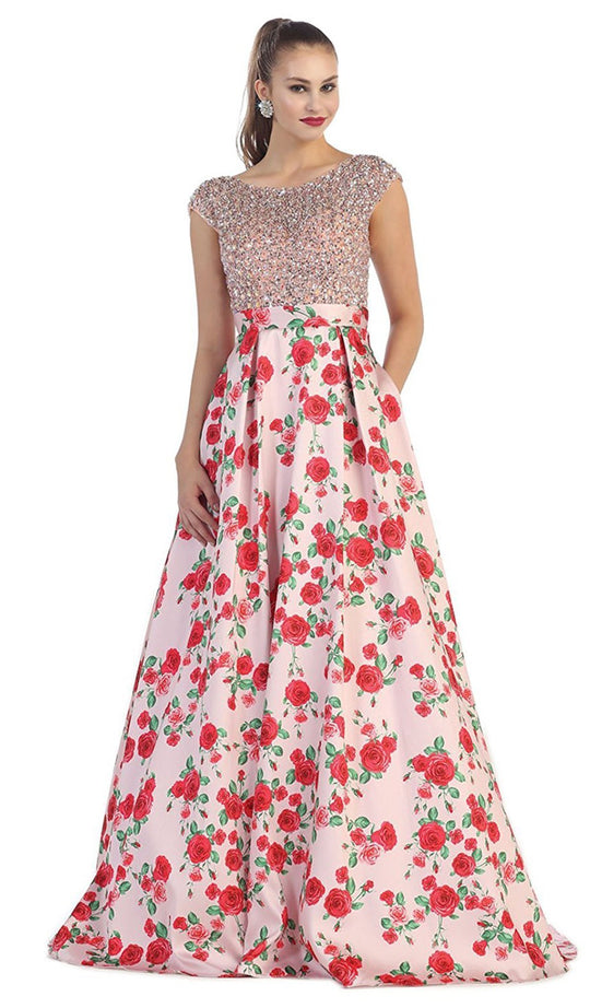 May Queen - Beaded Cap Sleeve and Floral A-line Evening Dress in Pink and Red