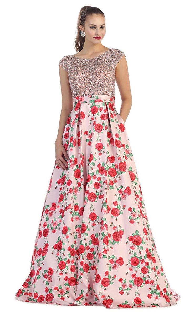 Beaded Cap Sleeve and Floral A-line Evening Dress