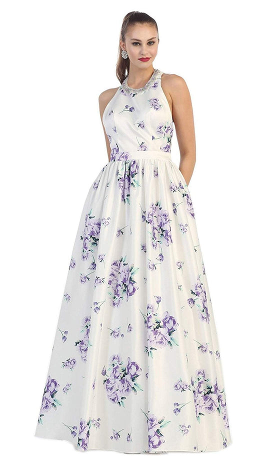 Jewel Neck Floral Print Satin Evening Gown