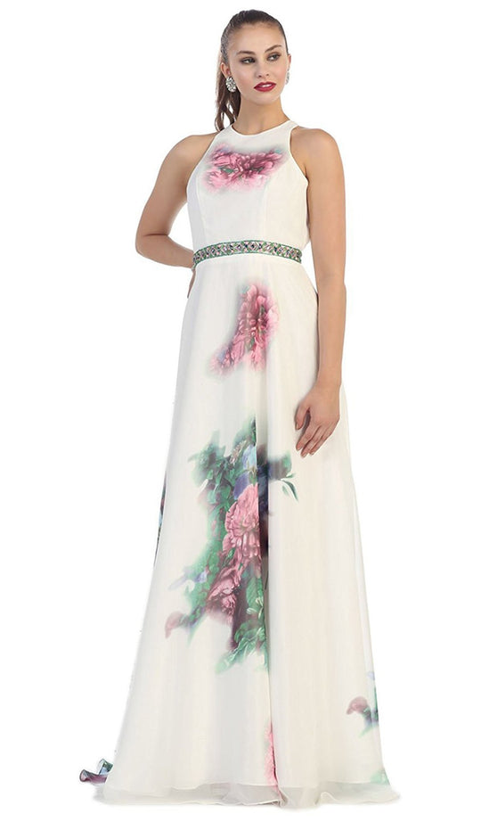 May Queen - RQ7427 Sleeveless Printed Chiffon Long Evening Dress