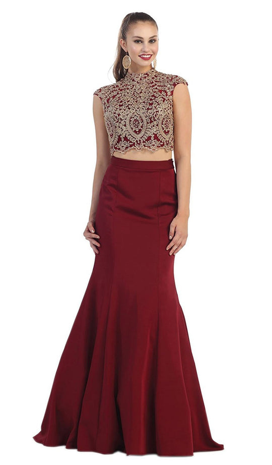 Embellished Laced High Neck Two-Piece Mermaid Evening Gown