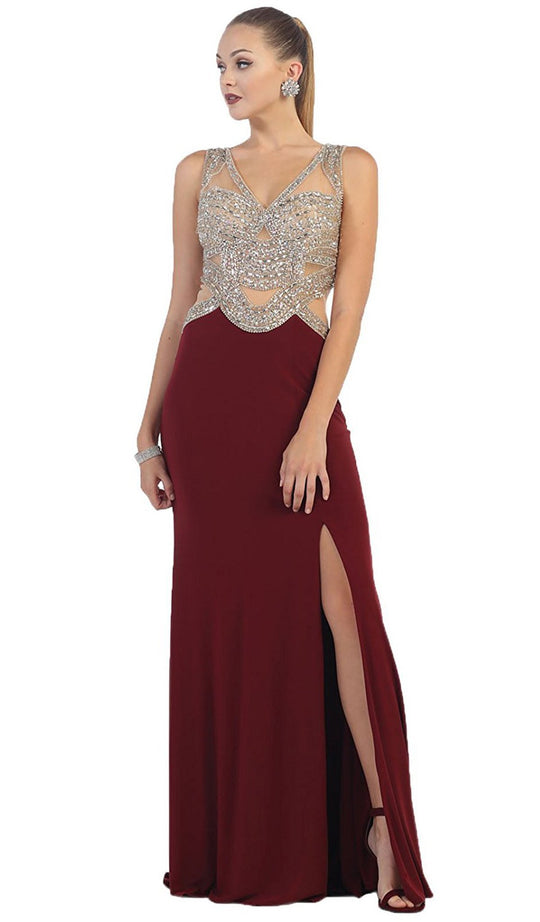 Sequined and Beaded Embellished Bodice Cutout Illusion Evening Gown