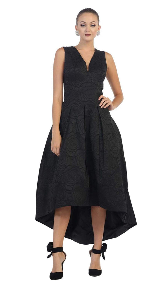 May Queen - RQ7449 Sleeveless Jacquard High Low Cocktail Dress In Black