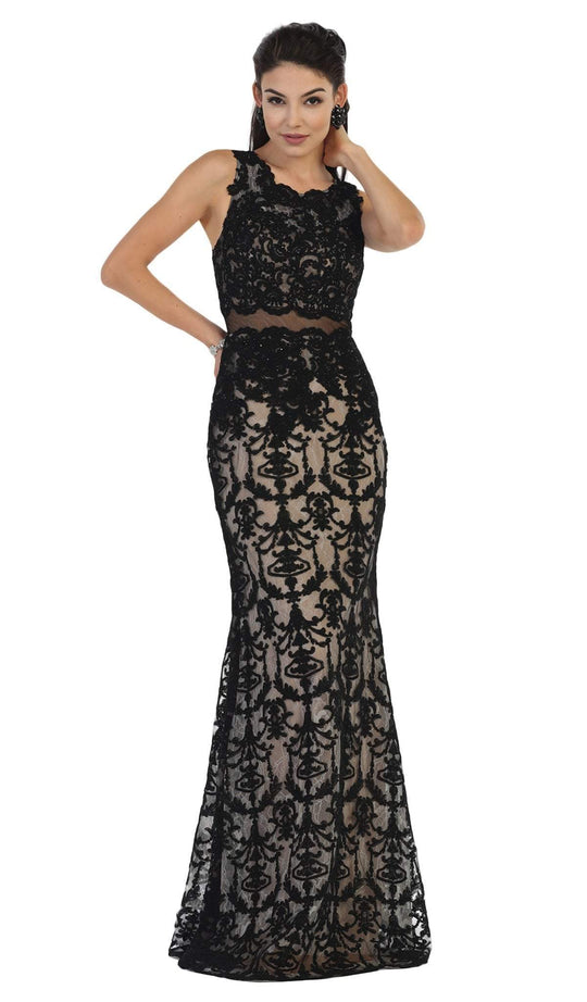 Sleeveless Embellished Lace Sheath Evening Gown