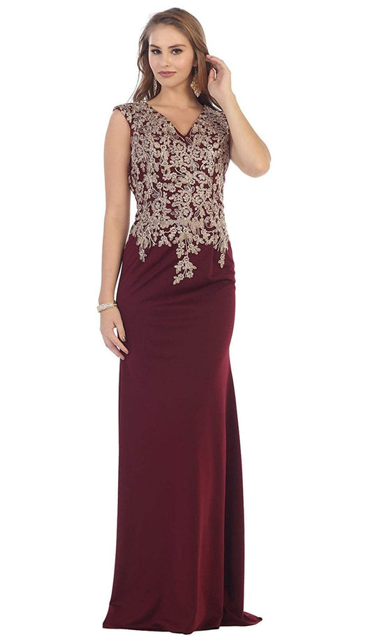 Metallic Lace Embroidered V-Neck Sheath Evening Dress