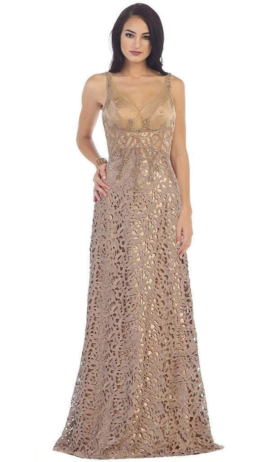 May Queen - Bedazzled V-Neck Sheath Evening Gown RQ7470 in Brown