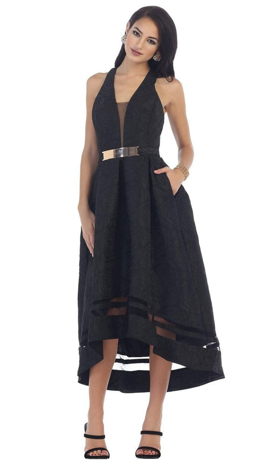 May Queen - RQ7474 Halter Neck High Low Satin Formal Gown In Black