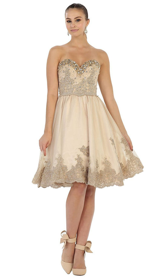 May Queen - RQ7476 Sparkling Embroidered Sweetheart Cocktail Dress In Nude