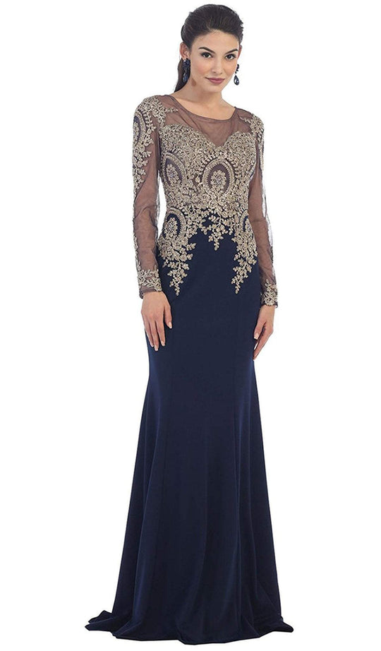 May Queen - RQ7479 Gold Lace Illusion Scoop Sheath Prom Dress