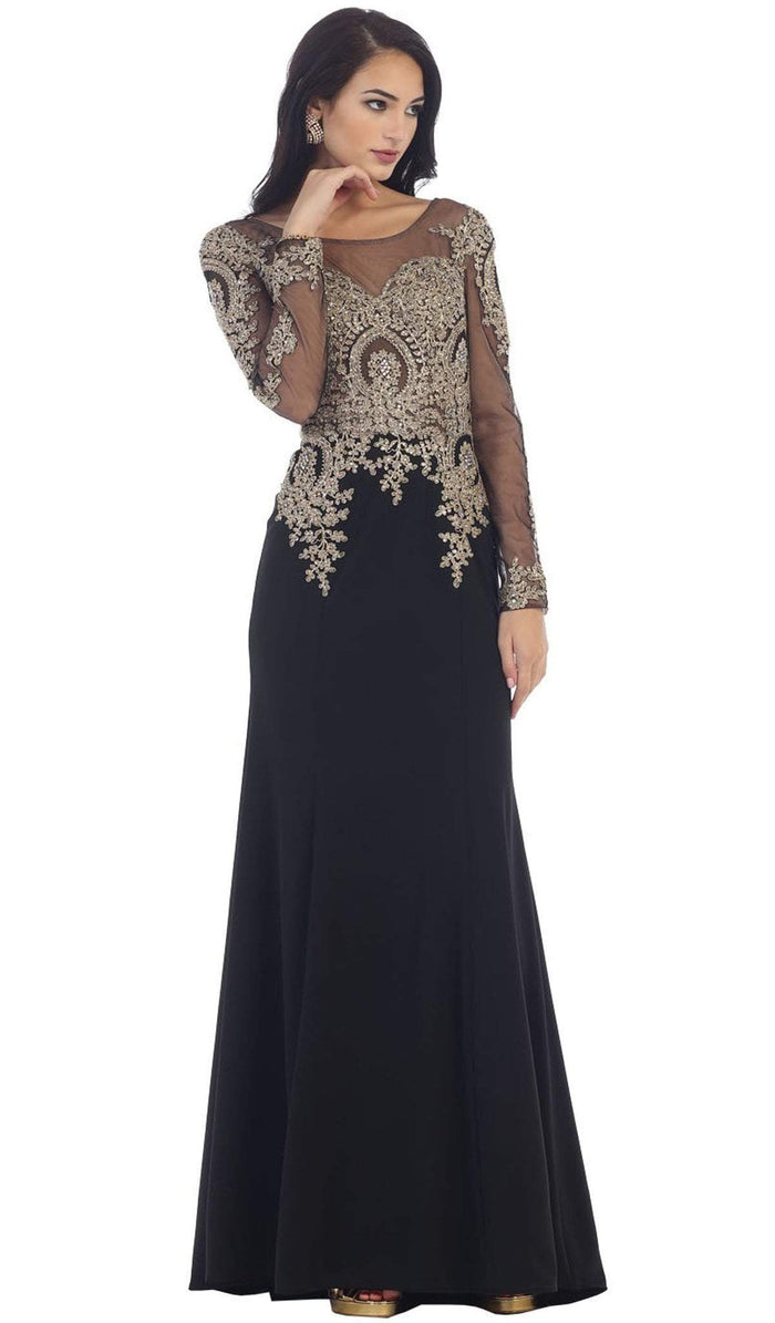 Gold Lace Illusion Scoop Sheath Prom Dress