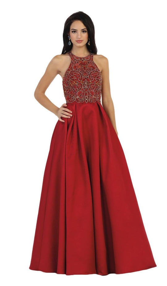 Divine Gilt Embroidered Halter A-Line Prom Gown