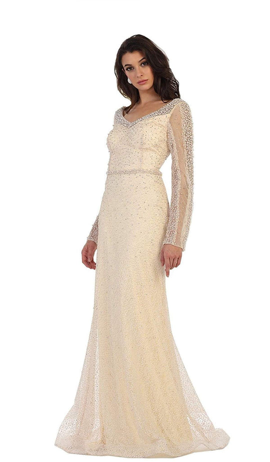May Queen - RQ7483 Sheer Pearls and Rhinestone Mesh Evening Gown In Nude