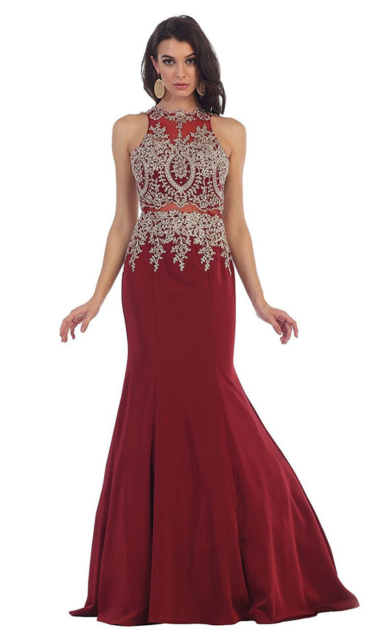 Gilt Embroidered Illusion Trumpet Prom Gown