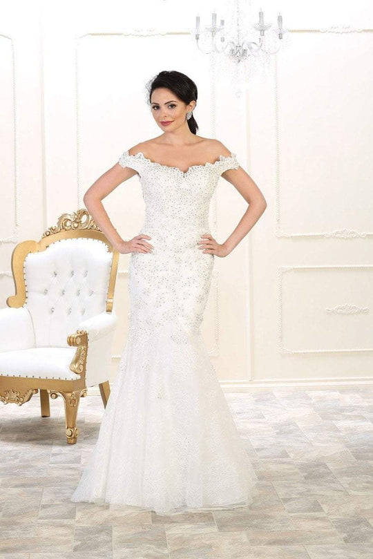 May Queen - RQ7493 Laced Off Shoulder Mermaid Dress In White