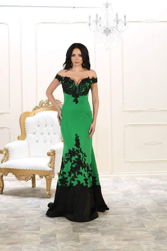 May Queen RQ7499 Embellished Off Shoulder Sheath Evening Dress - 1 pc Emerald/Black In Size 14 Available In Green and Black