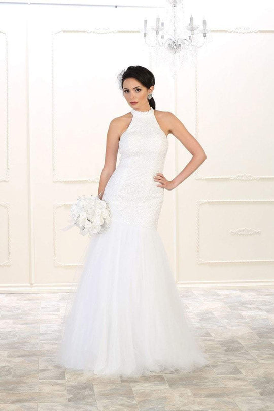 May Queen - RQ7505 Embroidered High Halter Mermaid Dress In White