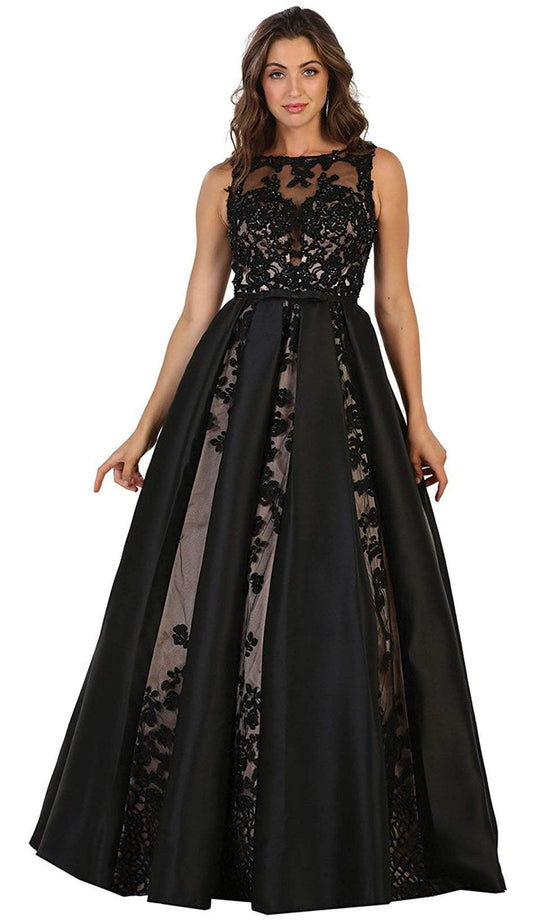 Embroidered Sleeveless Mesh Satin Evening Gown