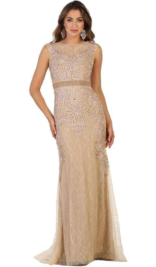 May Queen - Beaded Illusion Bateau Sheath Evening Gown RQ7524 In Neutral