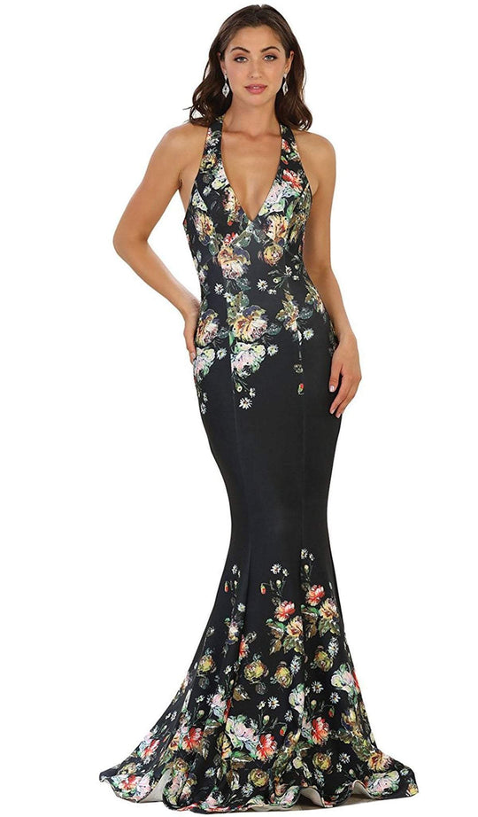 May Queen - RQ7529 Deep V-Neck Floral Print Mermaid Evening Gown In Black