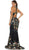 May Queen - RQ7529 Deep V-Neck Floral Print Mermaid Evening Gown In Black