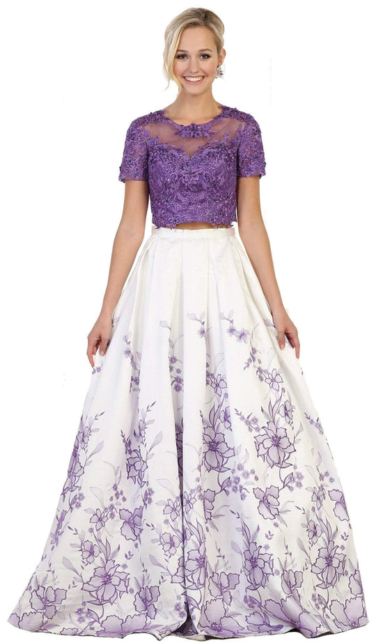 Two Piece Embellished Floral Print Evening Ballgown