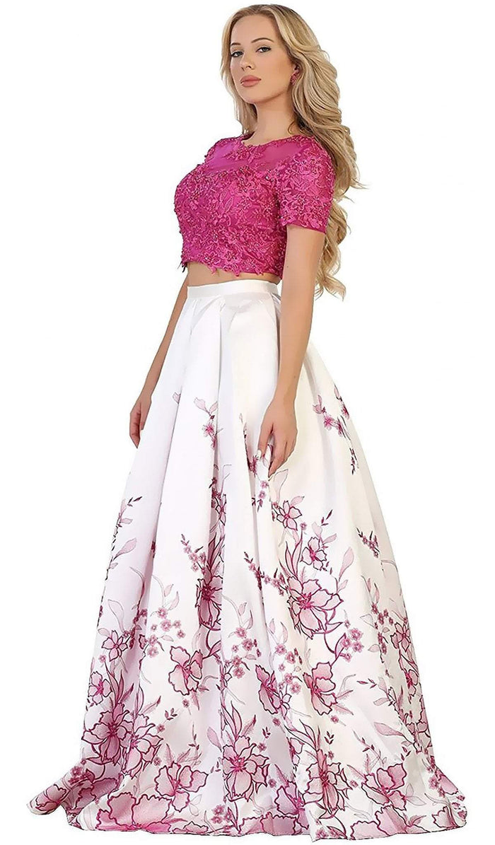 Two Piece Embellished Floral Print Evening Ballgown