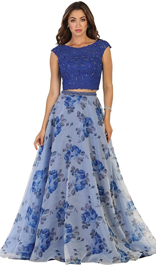 May Queen - Two Piece Beaded Lace Floral Print Evening Gown
