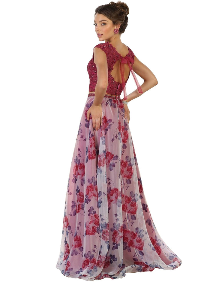 Two Piece Beaded Lace Floral Print Evening Gown