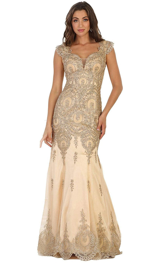 May Queen - RQ7538 Embroidered Cap Sleeve Sweetheart Evening Gown