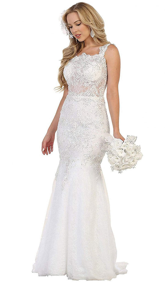 May Queen - RQ7544 Beaded Lace Square Neck Trumpet Evening Dress