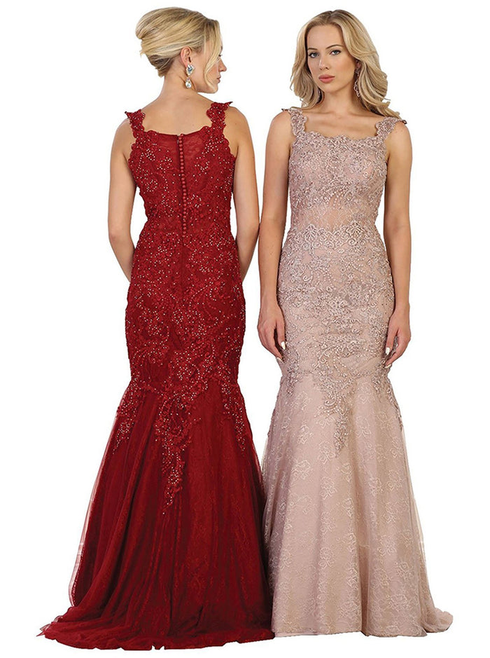 Beaded Lace Square Neck Trumpet Evening Dress