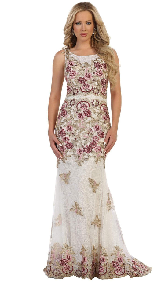 Multi-Colored Floral Lace Bateau Sheath Evening Gown