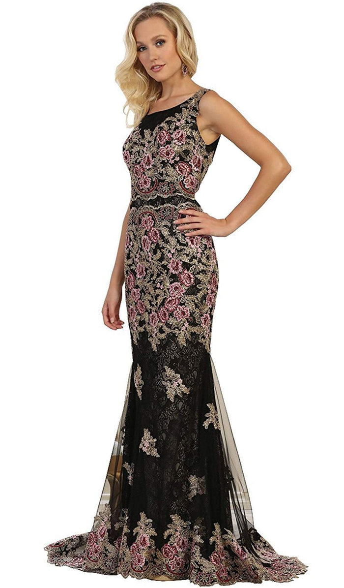 Multi-Colored Floral Lace Bateau Sheath Evening Gown