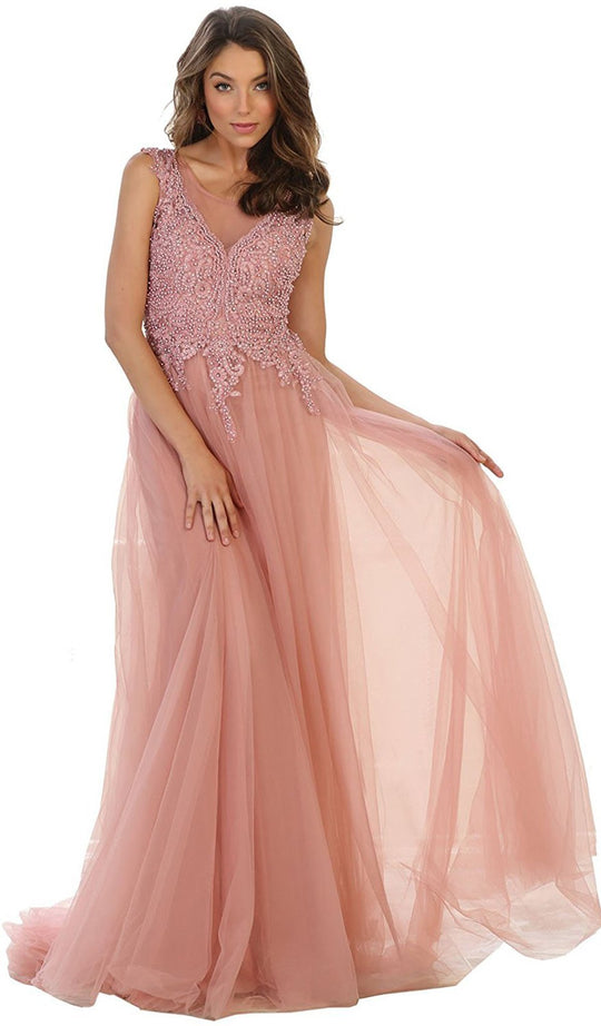 May Queen - RQ7550 Shimmering Sheer Beaded Evening Gown