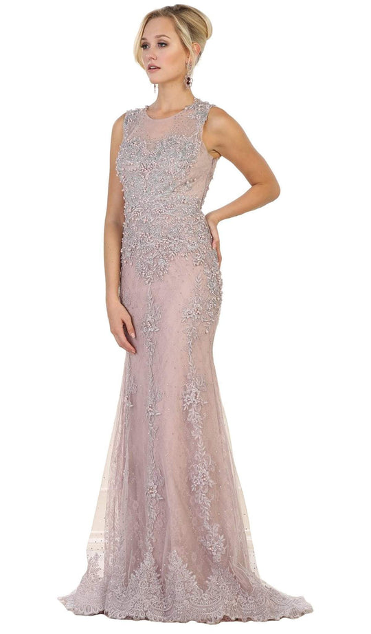 May Queen - RQ7551 Embellished Illusion Jewel Sheath Prom Gown