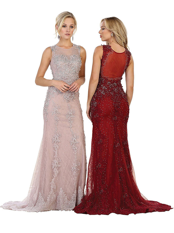 Embellished Illusion Jewel Sheath Prom Gown