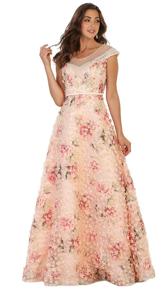 Cap Sleeve Floral Embellished A-line Evening Gown