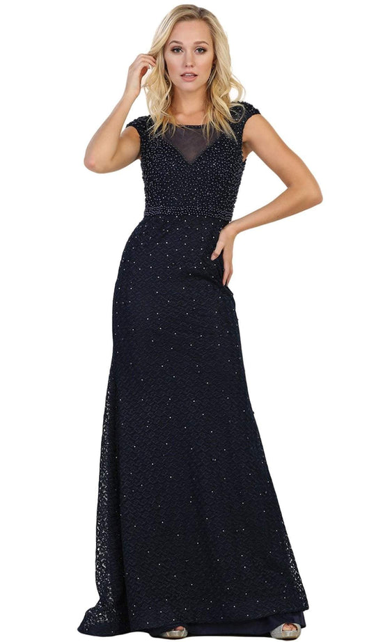 May Queen - Embellished Cap Sleeve Illusion Bateau Sheath Evening Dress