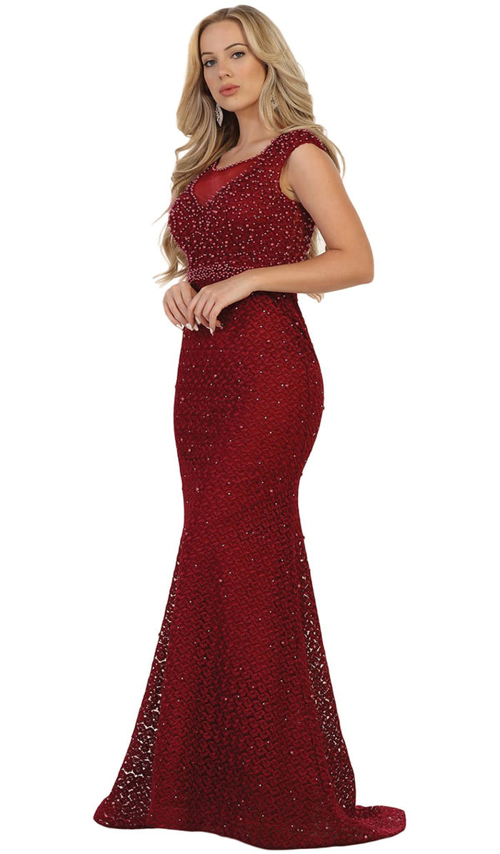 Embellished Cap Sleeve Illusion Bateau Sheath Evening Dress