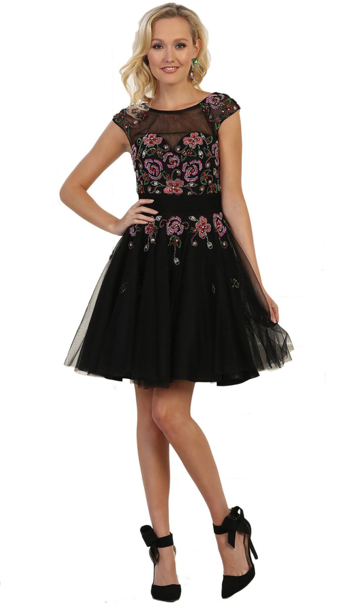 Sheer Beaded Cap Sleeves A-line Cocktail Dress